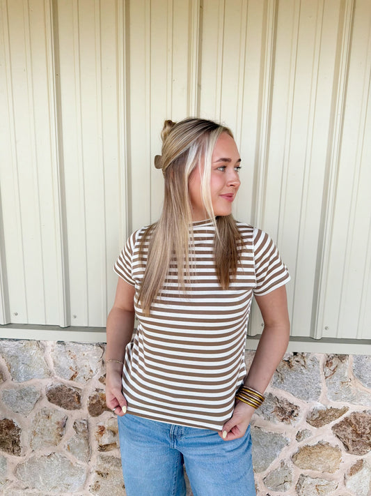 Brown Striped Mock Neck Top