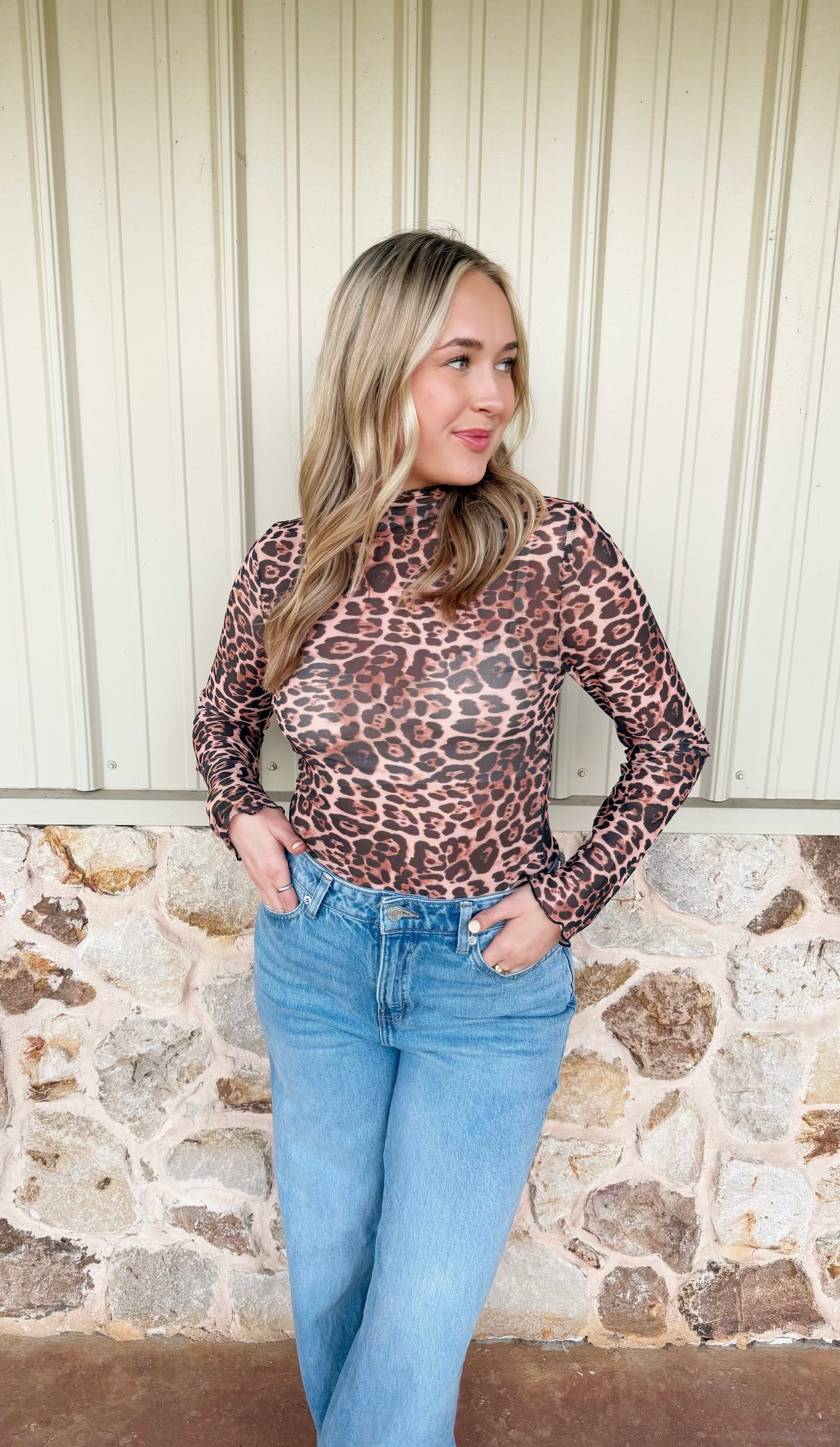 Leopard Print Mesh Long Sleeve Shirt