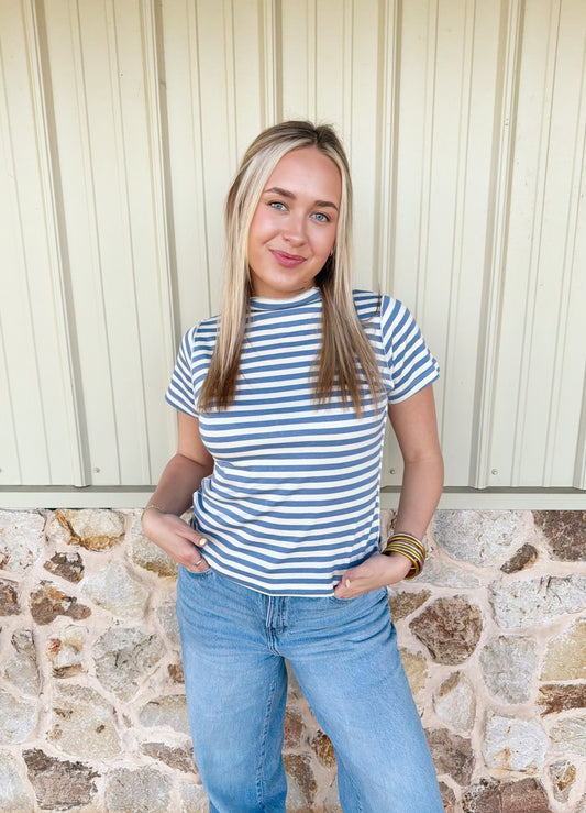 Blue Striped Mock Neck Top