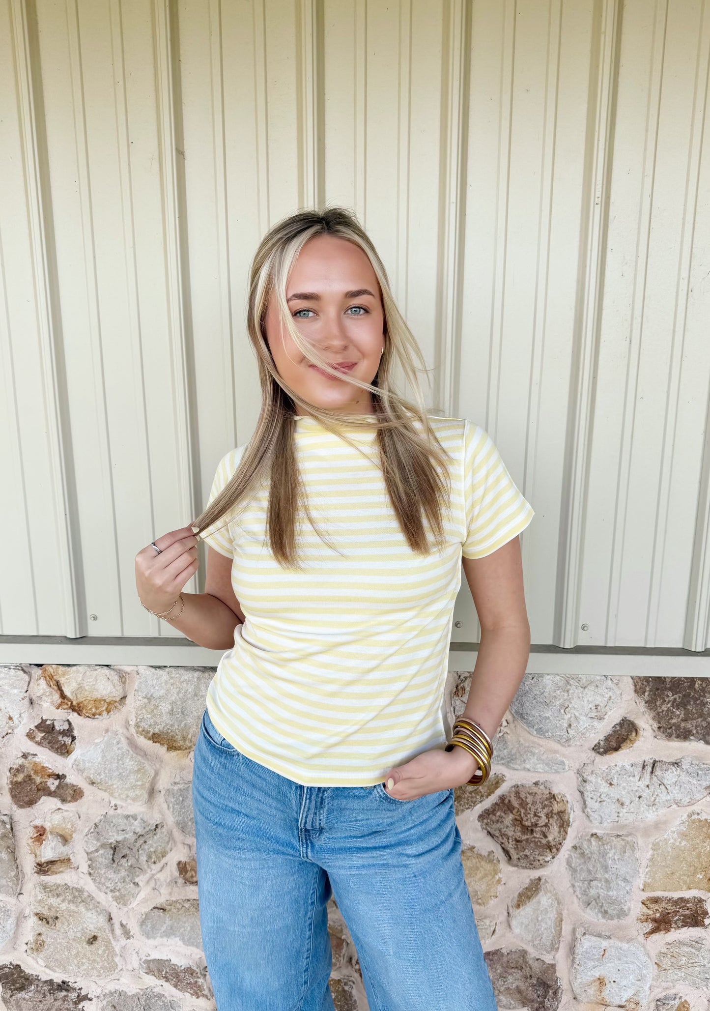 Yellow Striped Mock Neck Top