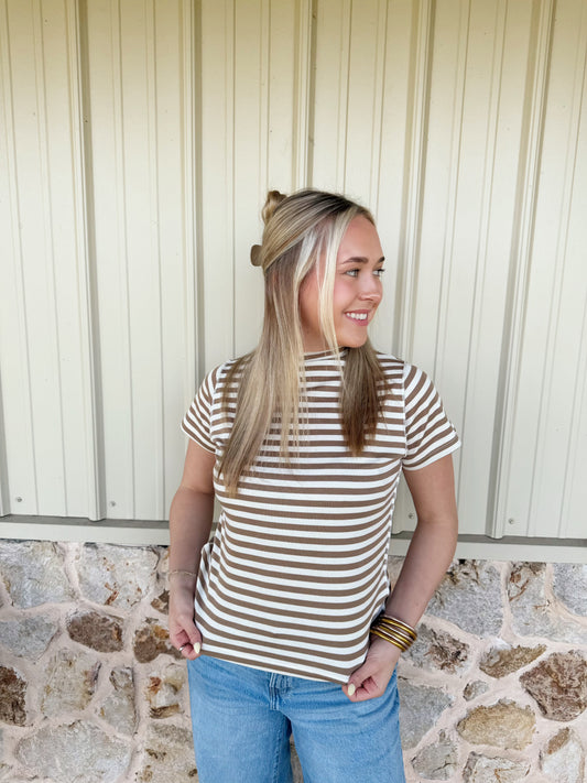 Brown Striped Mock Neck Top