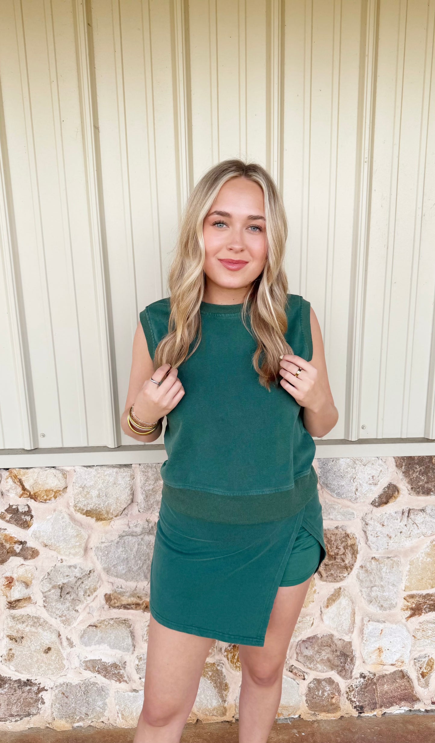 Dark Green Split Skirt Set