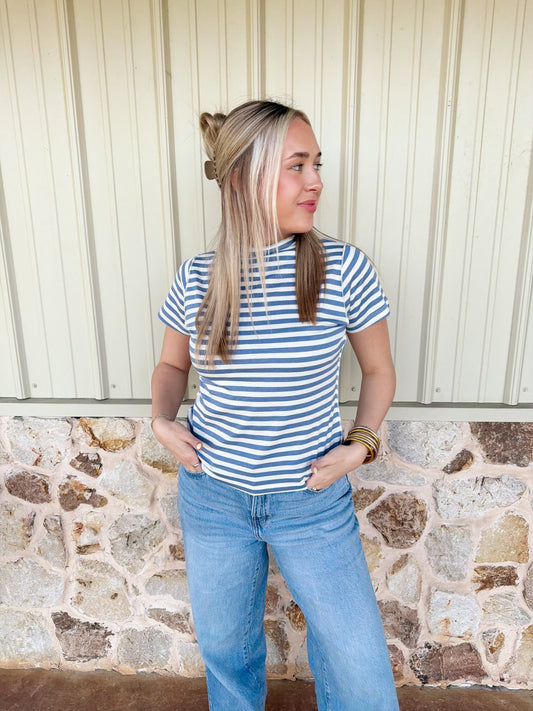 Blue Striped Mock Neck Top
