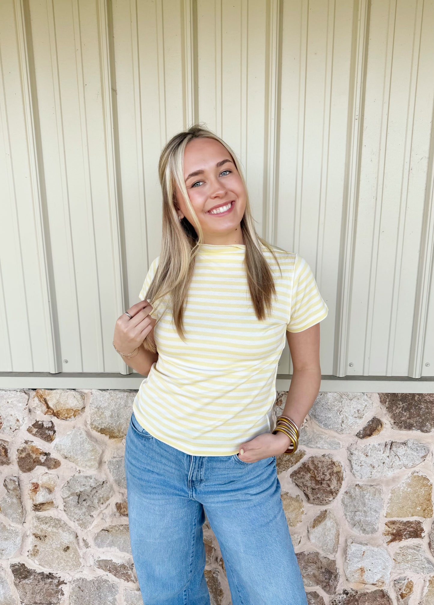 Yellow Striped Mock Neck Top